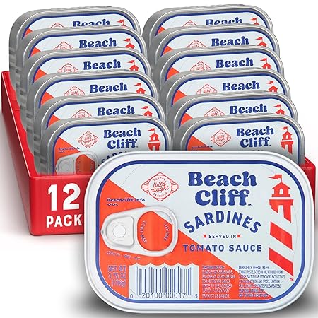 Beach Cliff Wild Caught Sardines in Tomato Sauce, 3.75 oz Can (Pack of 12) - 16g Protein per Serving - Gluten Free, Keto Friendly - Great for Pasta & Seafood Recipes