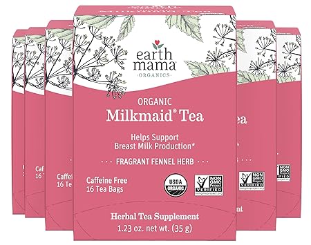 Organic Milkmaid Tea by Earth Mama | Supports Healthy Breastmilk Production and Lactation, Herbal Breastfeeding Tea Supplement, 16 Teabags per Box (6-Pack)