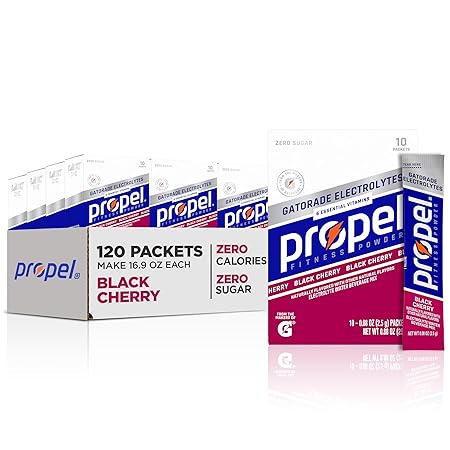 Propel Electrolyte Enhanced Water Drink Mix Powder Packets, Black Cherry, Zero Calorie & Zero Sugar Hydration with Electrolytes and Vitamins C & E (120 Packets)