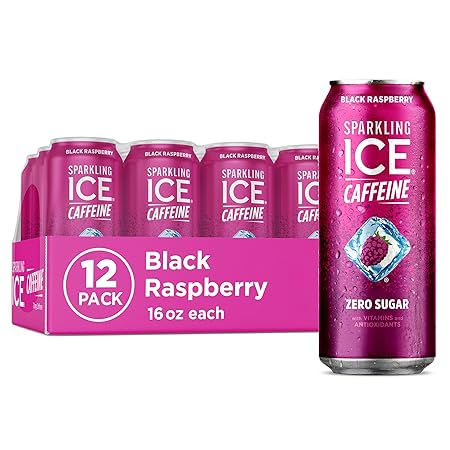 Sparkling Ice Caffeine Black Raspberry Sparkling Water with Caffeine, Zero Sugar, with Antioxidants and Vitamins,16 fl oz Cans (Pack Of 12)