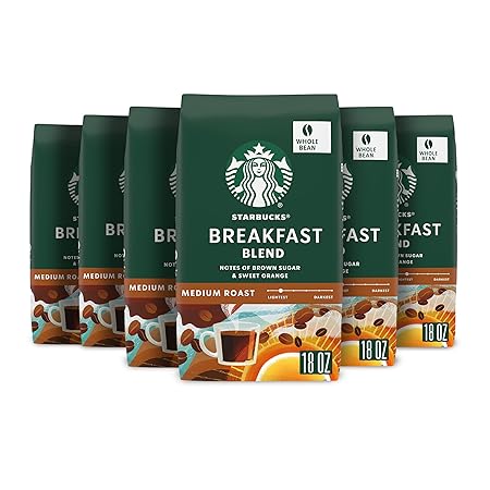 Starbucks Whole Bean Coffee, Medium Roast Coffee, Breakfast Blend, 100% Arabica, 6 bags (18 oz)