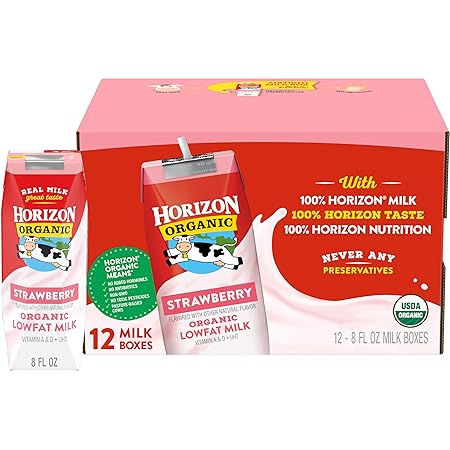Horizon Organic Shelf Stable 1% Lowfat Strawberry Milk Boxes, 8 fl oz, 12 Count - 8g Protein per Serving, USDA Organic UHT from Pasture-Raised Cows, Ready to Drink for Lunchbox, Travel, or On-the-Go, No Refrigeration Needed