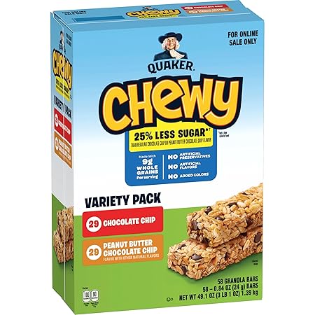 Quaker Chewy Granola Bars, 25% Less Sugar, 2 Flavor Variety Pack, (58 Pack)