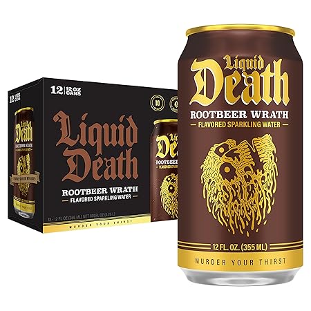 Liquid Death, Rootbeer Wrath, Soda-Flavored Sparkling Water, 12-Pack (12oz Cans), Low Sugar, Huge Flavor & No Artificial Sweeteners