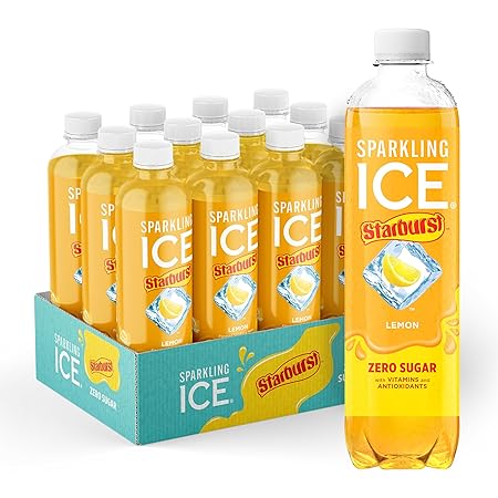 Sparkling Ice STARBURST Lemon, Zero Sugar Flavored Sparkling Water, with Vitamins and Antioxidants, Low Calorie Beverage, 17 fl oz Bottles (Pack of 12)