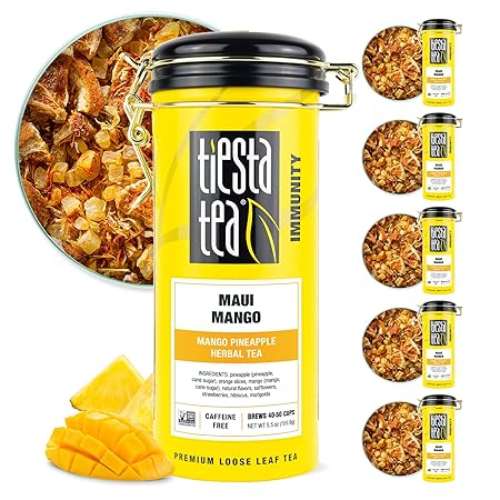 Tiesta Tea - Maui Mango | Loose Leaf | Mango Pineapple Herbal Tea | Premium Non-Caffeinated Blend | Make Hot or Iced | Brews Up to 50 Cups | 33 Ounce Refillable Tin, Pack of 6