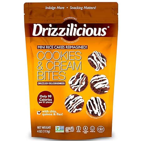 Drizzilicious Mini Rice Cakes Cookies & Cream - Rice Crisps, Healthy Snack for Adults and Kids, Flavored Rice Cakes, Vegan, Gluten Free, Allergen Free, Only 90 Calories Per Serving - 4 oz (Pack of 1)