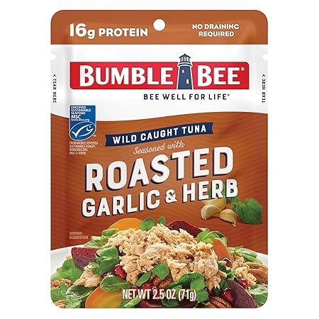 Bumble Bee Roasted Garlic & Herb Seasoned Tuna, 2.5 oz Pouch - Ready to Eat - Wild Caught Tuna Packet - 16g Protein per Serving - Gluten Free