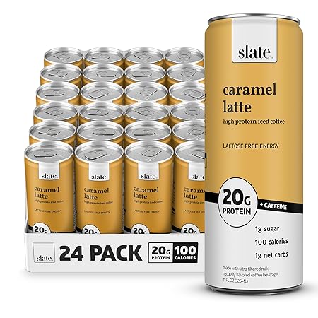 Slate Milk - High Protein Iced Coffee - Caramel Latte - 175mg Caffeine, Lactose Free Energy - 20g Protein, 1g Sugar, 100 Calories, 1g Net Carbs, No Sugar Added - Protein Coffee - 11 fl oz, 24 Cans