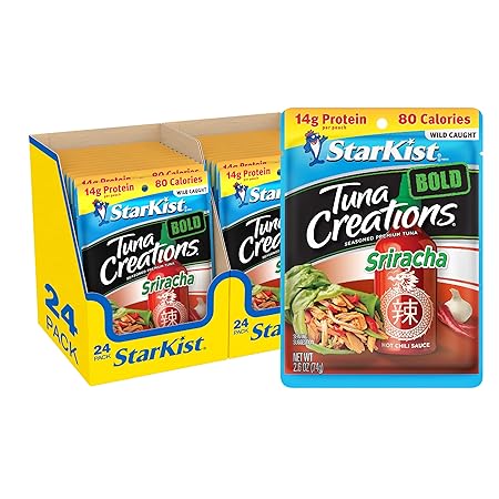 StarKist Tuna Creations BOLD Sriracha, 2.6 oz Pouch (24 Pack) Ready to Eat Wild Caught Tuna, 14g Protein, 80 Calories Per Serving, Gluten Free, Soy Free, Perfect for Salads, Meals and Snacks
