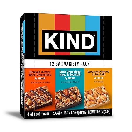KIND Nut Bars, Variety Pack, Dark Chocolate Nuts & Sea Salt, Peanut Butter Dark Chocolate, and Caramel Almond Sea Salt, Gluten Free, Low Sugar, 5-7g Protein, 12 Count