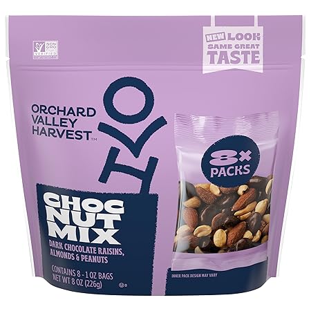 Orchard Valley Harvest Choc Nut Mix Multipack, 1 oz (Pack of 8), Dark Chocolate Raisins, Almonds & Peanuts, Gluten Free, Stand Up Bag, Non-GMO, 4g Plant Based Protein Per Serving, On-The-Go Snack