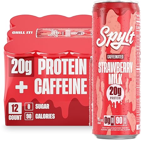 Spylt High Protein Strawberry Milk with 60mg Caffeine & 20g Protein - 90 Calories, Ready to Drink, Sugar Free, Lactose Free Milk, Perfect for Workout Recovery & Afternoon Pick Me Up - 12 Count