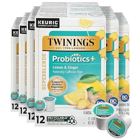Twinings Probiotics+ Lemon & Ginger Herbal Tea 72 K-Cup Pods for Keurig, 12 Count (Pack of 6), Supports Digestive Health, Naturally Caffeine-Free, Enjoy Hot or Iced