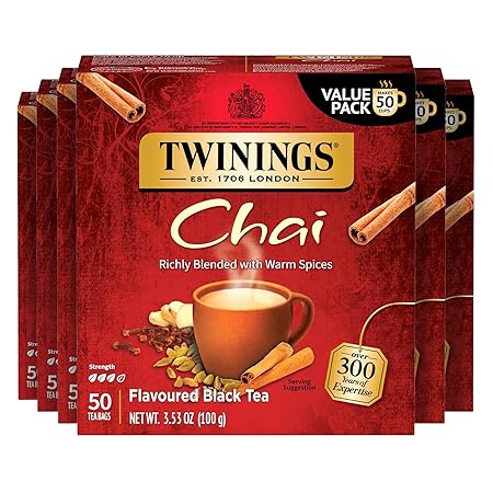 Twinings Chai Black Tea Individually Wrapped Bags, 50 Count (Pack of 6), Sweet, Savoury Spices, Caffeinated, Enjoy Hot or Iced, 300 Teabags