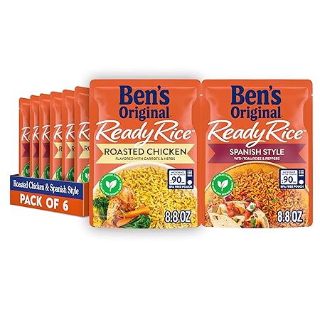 BEN'S ORIGINAL Ready Rice Roasted Chicken and Spanish Style Flavored Rice Variety Pack, Easy Dinner Sides, 8.8 OZ Pouch (Pack of 6)