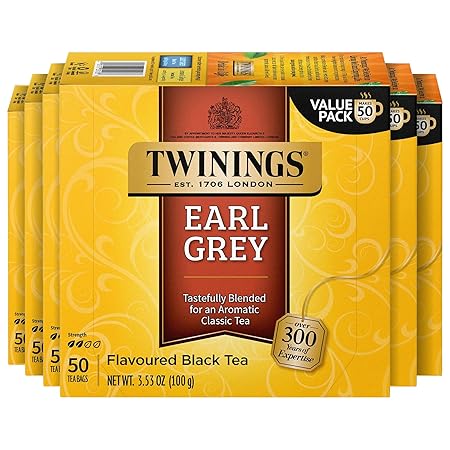 Twinings Earl Grey Black Tea Individually Wrapped Bags, 50 Count (Pack of 6), Flavoured with Citrus and Bergamot, Caffeinated, Enjoy Hot or Iced, 300 Teabags