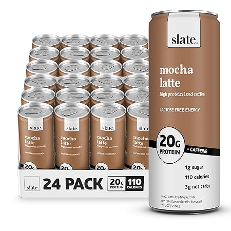 Slate Milk - High Protein Iced Coffee - Mocha Latte - 175mg Caffeine, Lactose Free Energy - 20g Protein, 1g Sugar, 110 Calories, 3g Net Carbs, No Sugar Added - Protein Coffee - 11 fl oz, 24 Cans