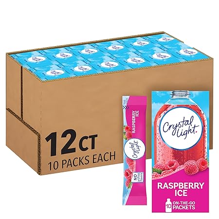 Crystal Light Raspberry Ice Artificially Flavored Powdered Drink Mix, 120 ct Pack, 12 Boxes of 10 On-the-Go-Packets