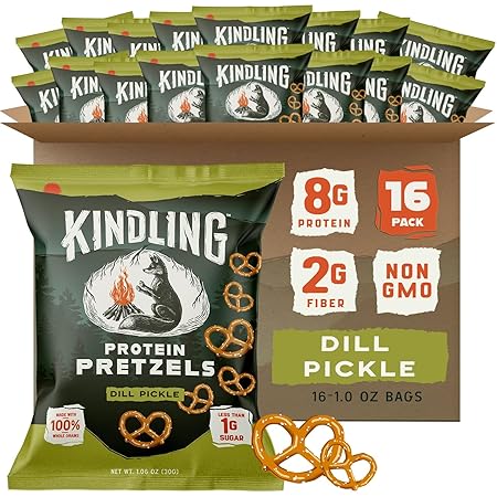 Kindling Protein Pretzels - Dill Pickle | Protein-Packed Snack Size Bags | Kosher | 8g Protein Per Serving | Only 1-2g of Total Sugar | No Artificial Flavors, Soy-Free | Lunches, Office Snacks, & On-the-Go | 16-Count (1.06oz Bags)