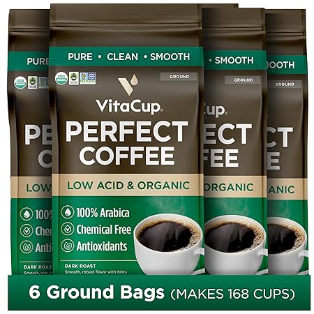 VitaCup Perfect Low Acid Coffee Ground, USDA Organic & Fair Trade, Dark Roast Guatemala Single Origin, Clean & Pure for Drip Coffee Brewers and French Press, 6 bags, 11oz each