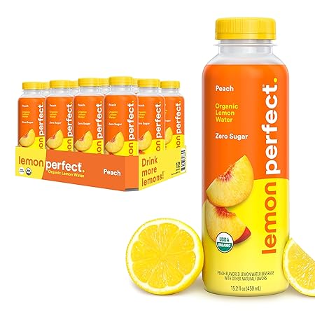 Lemon Perfect Peach, Flavored Lemon Water, Organic, Zero Sugar, Healthy Hydration Drinks, 15.2 fl oz Bottles (12-Pack)