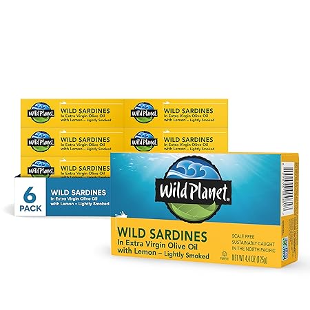 Wild Planet Sardines in Lemon, Nutritional Powerhouses Packed with Flavor, 4.4oz Cans, 6Count