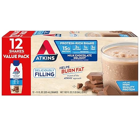 Atkins Milk Chocolate Delight High Protein Shake, 15g Protein, Low Glycemic , 2g Net Carb, 1g Sugar, Keto Friendly , Chocolate Flavored Protein Shakes, 12 Count