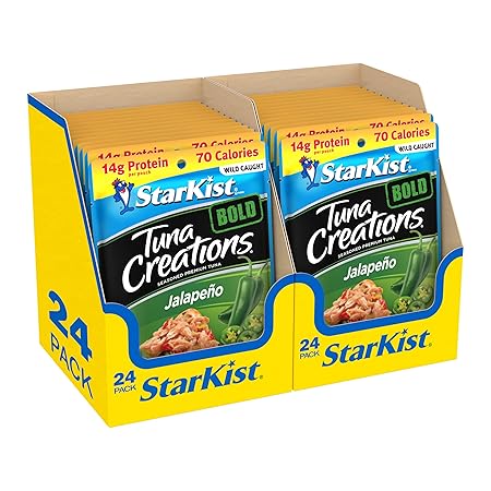 StarKist Tuna Creations BOLD Jalapeño, 2.6 oz Pouch (24 Pack) Ready to Eat Wild Caught Tuna, 14g Protein, 70 Calories Per Serving, Gluten Free, Soy Free, Kosher, Perfect for Salads, Meals and Snacks