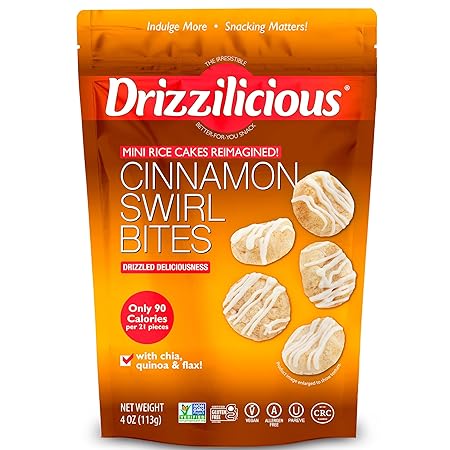 Drizzilicious Mini Rice Cakes Cinnamon Swirl - Rice Crisps, Healthy Snack for Adults and Kids, Flavored Rice Cakes, Vegan, Gluten Free, Allergen Free, Only 90 Calories Per Serving - 4 oz (Pack of 1)
