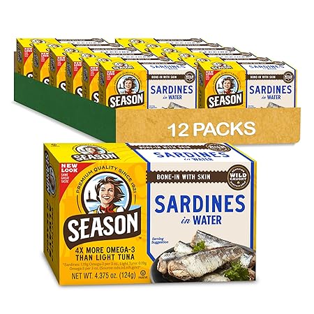 Season Sardines in Water - Wild Caught Fish, 22g of Protein, Keto Snacks, More Omega 3's Than Tuna, High in Calcium, Canned Sardines - 4.37 Oz Tins, 12-Pack