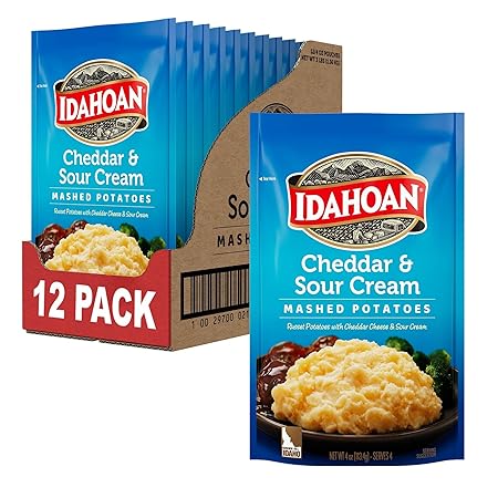 Idahoan Cheddar & Sour Cream Mashed Potatoes, Naturally Gluten-Free, 100% Real Idaho Potatoes, 4 servings per bag, 4 ounce (Pack of 12)
