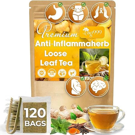 120 Tea Bags - Anti-Inflammaheb Loose Leaf Tea, 100% Natural from Ginger, Turmeric, Peppermint, Black Pepper, Cinnamon. Made with Natural Material Tea Bags. No Sugar, No Caffeine, No Gluten, Vegan.