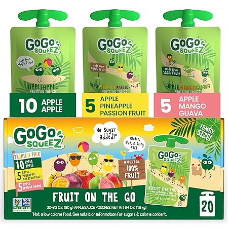 GoGo squeeZ Applesauce and Fruit Puree Variety Pack, Apple, Mango Guava & Pineapple Passionfruit, 3.2 oz (Pack of 20), Unsweetened Fruit Snacks for Kids, No Gluten, Nut & Dairy, BPA Free Pouches