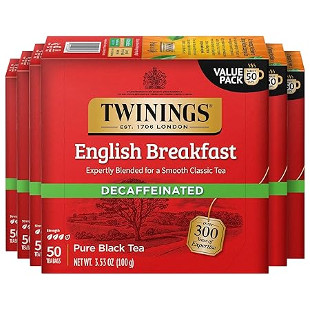 Twinings Decaffeinated English Breakfast Black Tea Bags, 50 Count (Pack of 6), Flavourful, Robust, Enjoy Hot or Iced, 300 Teabags