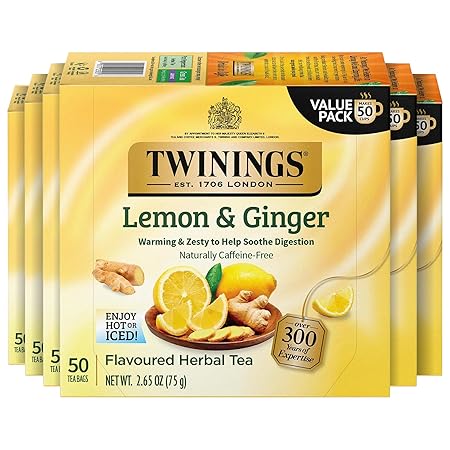 Twinings Lemon & Ginger Herbal Tea Individually Wrapped Bags, 50 Count (Pack of 6), Tangy Lemon & Spicy Ginger, Naturally Caffeine-Free, Enjoy Hot or Iced, 300 Teabags
