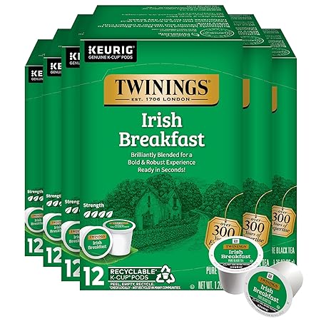 Twinings Irish Breakfast Black Tea 72 K-Cup Pods for Keurig, 12 Count (Pack of 6), Robust, Strong, Bold Flavour, Caffeinated, Enjoy Hot or Iced