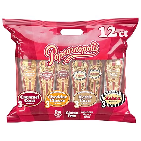 Popcornopolis Gourmet Popcorn Cone Variety Pack – Zebra, Cheddar Cheese, Caramel & Kettle Corn Popcorn, Great for Gifting & Sharing (12-Count)