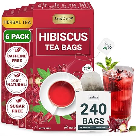 LeafLea Hibiscus Tea Bags – 240 Count, Individually Wrapped, 100% Natural Hibiscus Flower Herbal Tea, Caffeine-Free, Sugar-Free, Non-GMO, Rich in Flavor & Color, Te de Hibisco, Jamaica Tea (Pack of 6)