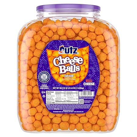 Utz Cheese Balls Barrel, Tasty Snack Baked with Real Cheddar Cheese, Delightfully Poppable Party Snack, Gluten, Cholesterol and Trans-Fat Free, Kosher Certified, 36.5 Oz