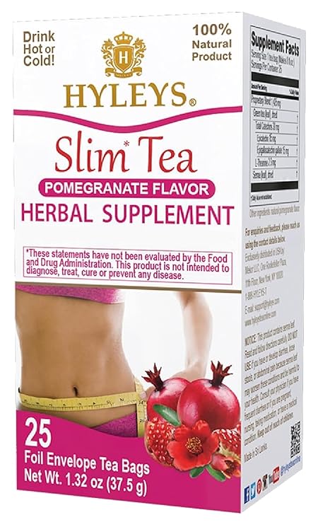 Hyleys Slim Tea Pomegranate Flavor - Weight Loss Herbal Supplement Cleanse and Detox - 25 Tea Bags (12 Pack)