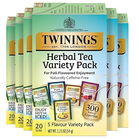 Twinings Herbal Tea Variety Pack, 20 Count (Pack of 6), Formerly Assorted Herbal, Includes 5 Flavours, Naturally Caffeine-Free, Enjoy Hot or Iced, 120 Teabags