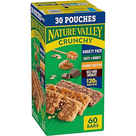 Nature Valley Crunchy Granola Bars Bulk Variety Pack, Oats 'n Honey, Peanut Butter & Oats 'n Dark Chocolate, 30 Two-Bar Wrapped Pouches (60 Bars Total), Whole Grain, No Artificial Flavors, 44.7 OZ
