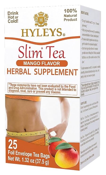 Hyleys Slim Tea Mango Flavor - Weight Loss Herbal Supplement Cleanse and Detox - 25 Tea Bags (12 Pack)