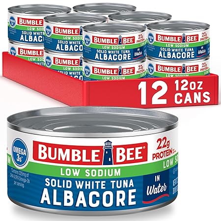 Bumble Bee Low Sodium Solid White Albacore Tuna in Water, 12 oz Can (Pack of 12) - Wild Caught Tuna - 22g Protein per Serving, High in Omega-3s - Non-GMO Project Verified, Gluten Free, Kosher