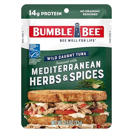 Bumble Bee Mediterranean Herbs & Spices Seasoned Tuna, 2.5 oz Pouch - Ready to Eat - Wild Caught Tuna Packet - 14g Protein per Serving - Gluten Free