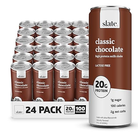 Slate Milk - High Protein Milk Shake - Classic Chocolate - Lactose Free, 20g Protein, 1g Sugar, 100 Calories, 2g Net Carbs, No Added Sugar - Natural, Breakfast Boost, Post Workout - 11 fl oz, 24 Cans
