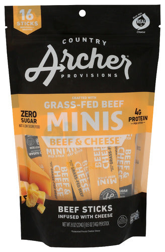 Country Archer 
Sticks Beef Mini Cheese, 8 OZ.