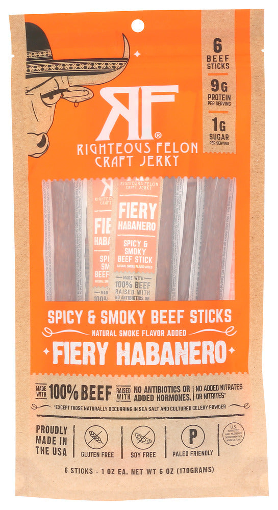 Righteous Felon Craft Jerky Stick Beef Habanero 6Pk, 6 OZ.