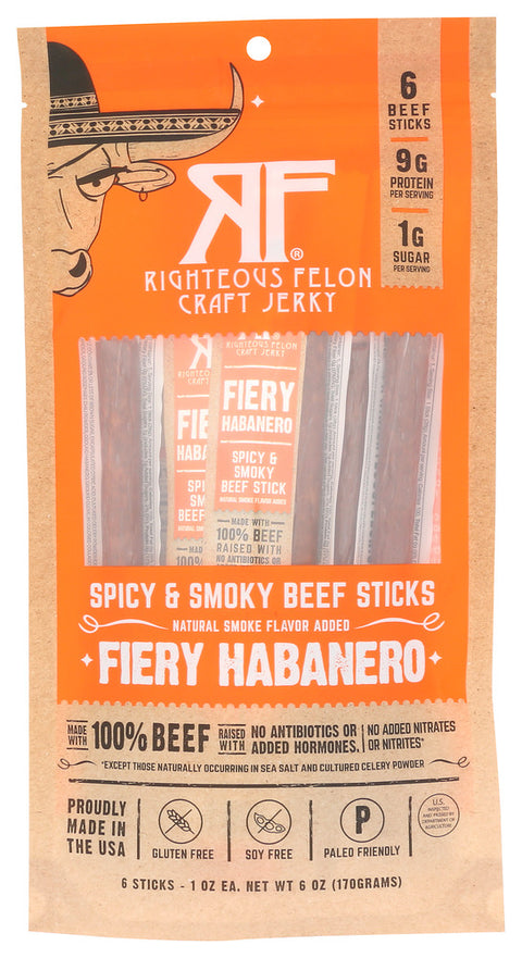 Righteous Felon Craft Jerky Stick Beef Habanero 6Pk, 6 OZ.